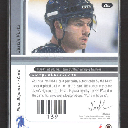 2002 In The Game Signature Series Justin Kurtz #205 auto Auto