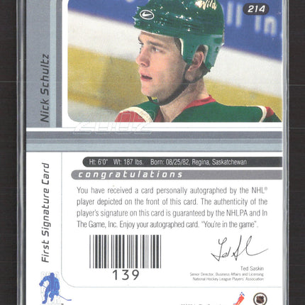 2002 In The Game Signature Series Nick Schultz #214 auto Auto