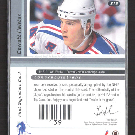 2002 In The Game Signature Series Barrett Heisten #218 auto Auto