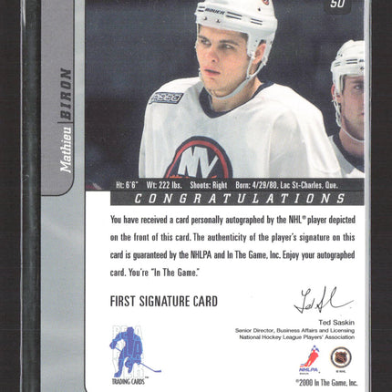 2000 In The Game Signature Series Mathieu Biron #50 auto gold