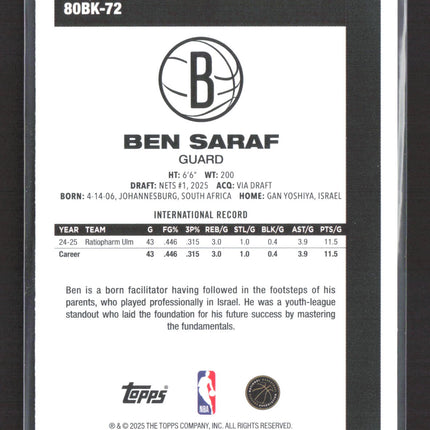 2025 Topps Ben Saraf #80BK-72 RC