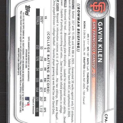 2025 Topps Bowman Chrome Gavin Kilen #CPA-GK Popcorn 5/5 auto