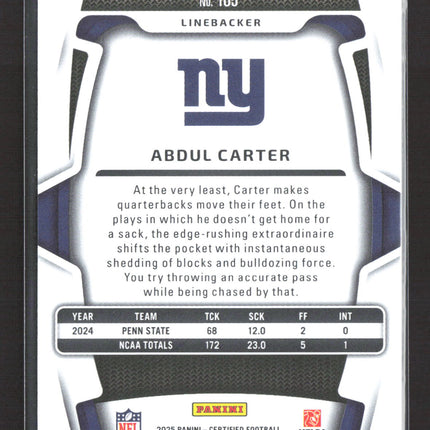 2025 Panini Certified Abdul Carter #165 Gold RC 05/10