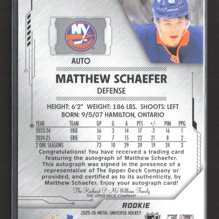 2026 Upper Deck SkyBox Metal Universe Hockey Matthew Schaefer #113 auto
