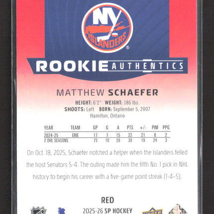 2025 Upper Deck SP Hockey Rookie Authentics Matthew Schaefer #111 Red /99