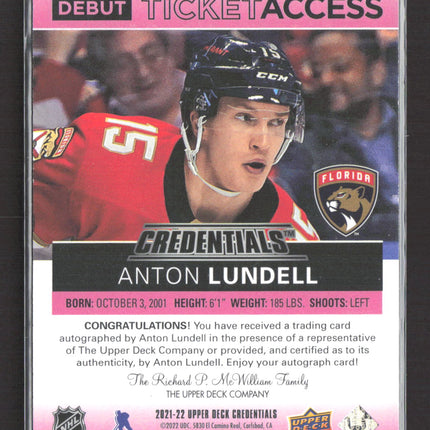 2022 UD Credentials Debut Ticket Access Anton Lundell #DTAA-AL Pink 19/49 Auto