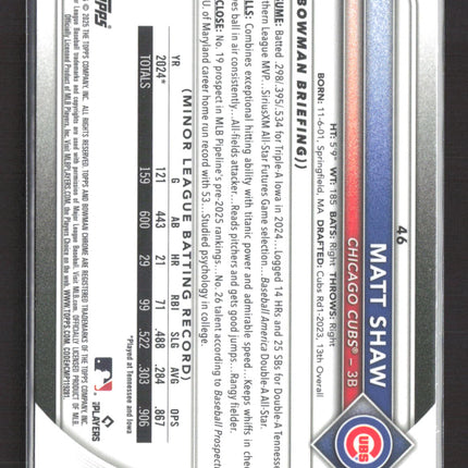2025 Topps Bowman Chrome Matt Shaw #46 RC Red Logo