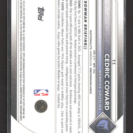 2025 Topps Bowman Cedric Coward #11 Green RC 66/99