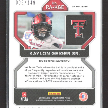 2022 Panini Prizm Draft Picks Kaylon Geiger Sr. #RA-KGE Blue 005/149 Auto