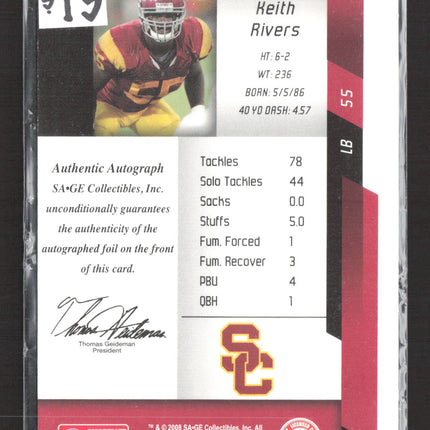 2008 SA-GE Aspire Football Keith Rivers #55 Authentic Auto