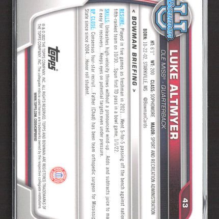 2022 Bowman University Luke Altmyer #43 Pink
