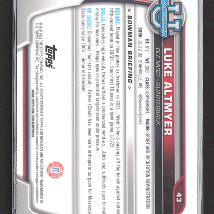 2022 Topps Bowman University Luke Altmyer #43 1st Bowman