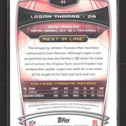 2014 Topps Bowman Logan Thomas #64 Purple RC