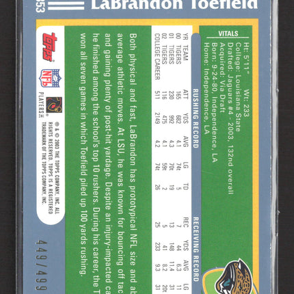 2003 Topps LaBrandon Toefield #353 Gold /499