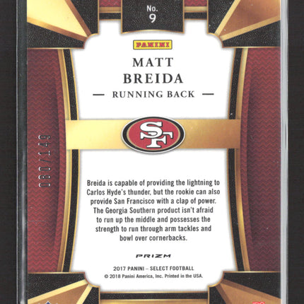 2018 Panini Select Prizm Concourse Matt Breida #9 Blue 080/149 RC