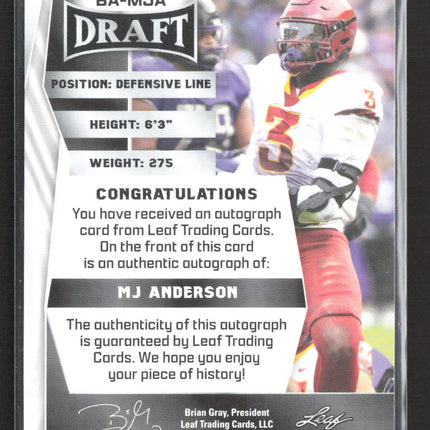 2023 Leaf Draft MJ Anderson #BA-MJA Yellow RC Auto