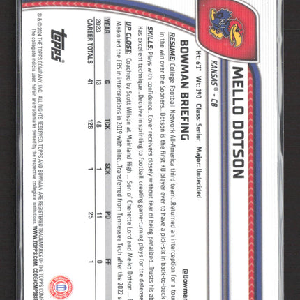 2024 Bowman Chrome University Mello Dotson #130 Purple Refractor 1st Bowman /399
