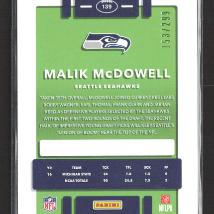 2017 Panini Donruss Optic Malik McDowell #139 Blue Prizm RC 153/299