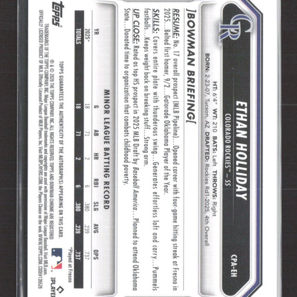 2026 Topps Bowman Chrome Ethan Holliday #CPA-EH 1st Bowman Auto