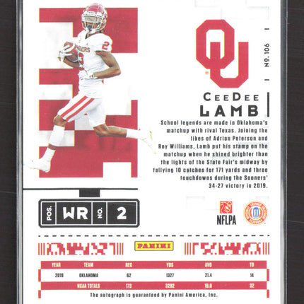 2020 Panini Contenders Draft Picks CeeDee Lamb #106 Playoff Ticket 07/10 RC Auto