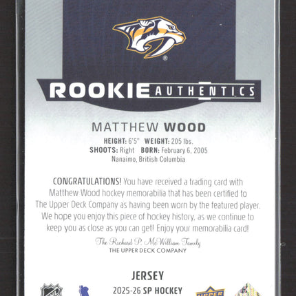 2026 Upper Deck SP Hockey Rookie Authentics Matthew Wood #124 Memorabilia Jersey