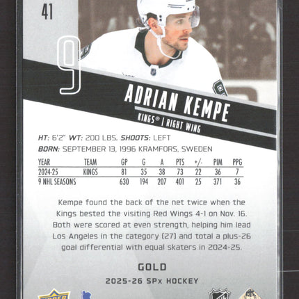 2026 Upper Deck SPx Hockey Adrian Kempe #41 Gold