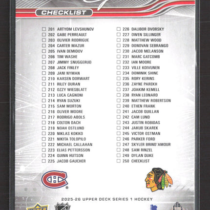 2025 Upper Deck Series 1 Young Guns Artyom Levshunov Ivan Demidov #250 Checklist
