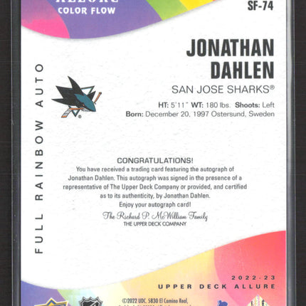 2022 Upper Deck Allure Color Flow Jonathan Dahlen #SF-74 Full Rainbow Auto 20/66