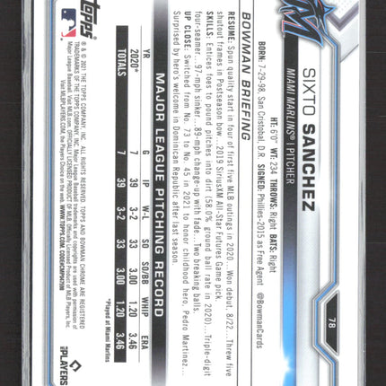 2021 Bowman Chrome Sixto Sanchez #78 Blue Refractor RC 128/150