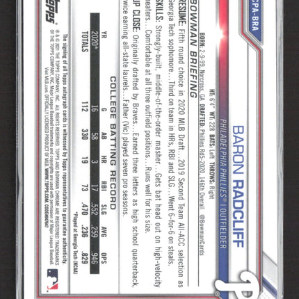 2021 Topps Bowman Chrome Baron Radcliff #CPA-BRA 1st Bowman Auto