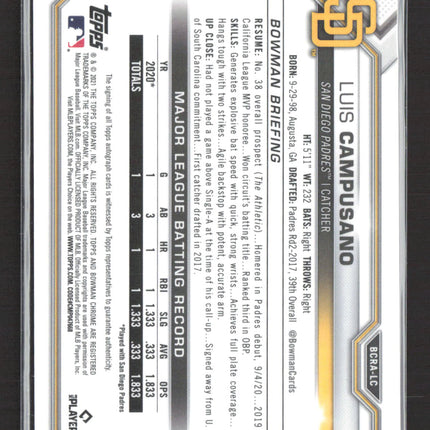 2021 Bowman Chrome Luis Campusano #BCRA-LC Green 43/99 RC Auto