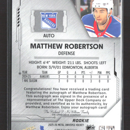 2026 Upper Deck SkyBox Metal Universe Matthew Robertson #109 Auto
