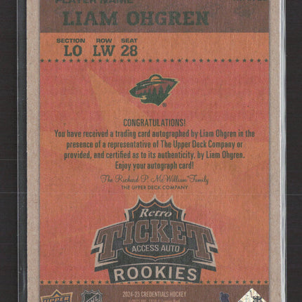 2025 Upper Deck Credentials Retro Ticket Access Auto Liam Ohgren #RTAR-LO Auto