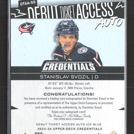 2024 UD Credentials Debut Ticket Access Stanislav Svozil #DTAA-SS Blue /299 Auto