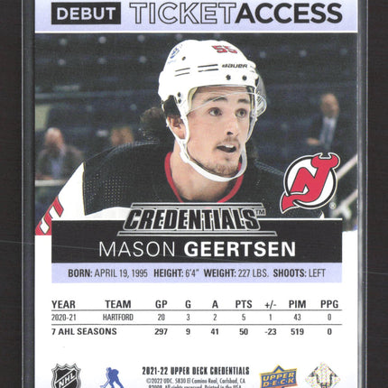 2022 Upper Deck Credentials Debut Ticket Access Mason Geertsen #81 Blue 01/10