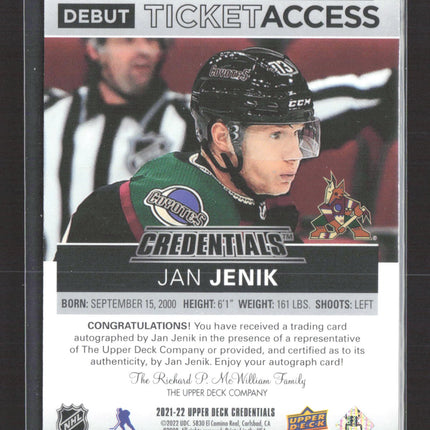 2022 Upper Deck Credentials Debut Ticket Access Jan Jenik #DTAA-JJ 238/299 Auto