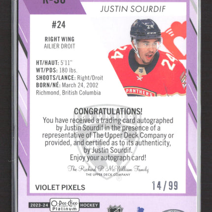 2024 O-Pee-Chee Platinum Justin Sourdif #R-SO Violet Pixels 14/99 Auto