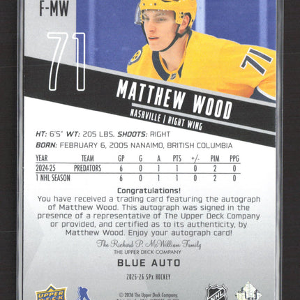 2026 Upper Deck SPx Hockey Matthew Wood #F-MW Blue Auto 044/199 Auto