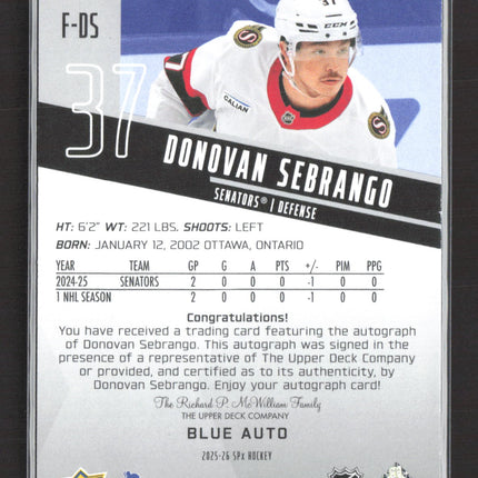 2026 Upper Deck SPx Donovan Sebrango #F-DS Blue Auto /199