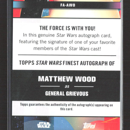 Topps Star Wars Finest Matthew Wood as General Grievous 21/25 Auto Orange