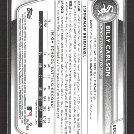 2025 Bowman Chrome Billy Carlson #BDC-10 Green Grass Refractor 53/99 1st Bowman