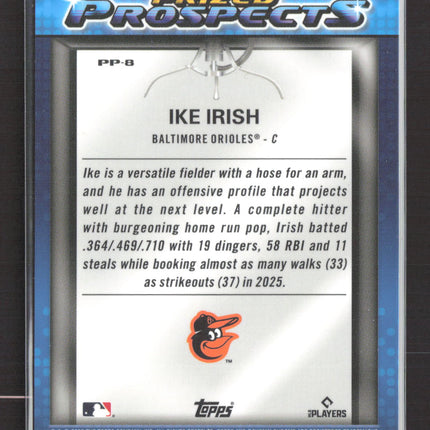 2025 Topps Bowman Chrome Prized Prospects Ike Irish #PP-8 Orange 02/25
