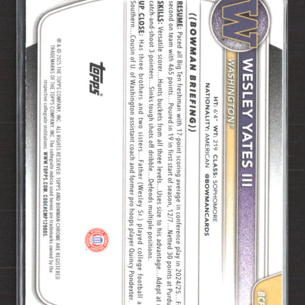 2025 Bowman Chrome University Wesley Yates III #BCP-43 Mojo Refractor 1st Bowman