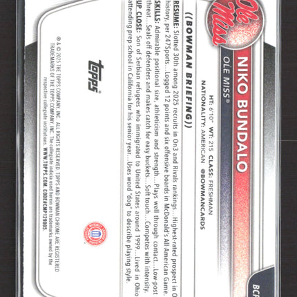 2025 Bowman Chrome University Niko Bundalo #BCP-18 Mojo Refractor
