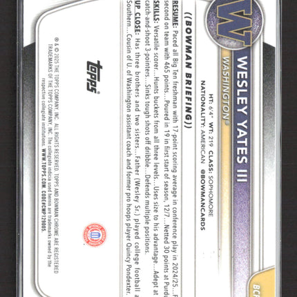 2025 Bowman Chrome University Wesley Yates III #BCP-43 Purple Refractor 1st