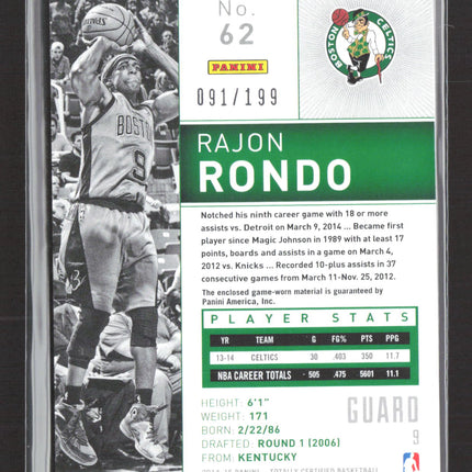 2014 Panini Totally Certified Rajon Rondo #62 091/199 Jersey Patch Memorabilia