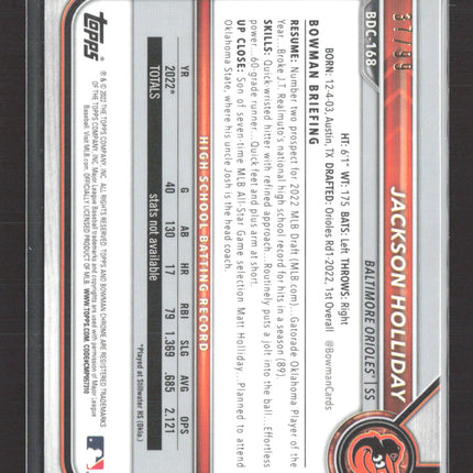 2022 Bowman Chrome Draft Jackson Holliday #BDC-168 Green Speckle Refractor 37/99