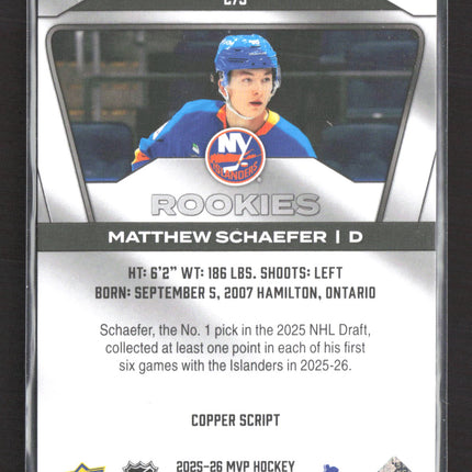 2025 Upper Deck MVP Matthew Schaefer #275 Copper Script