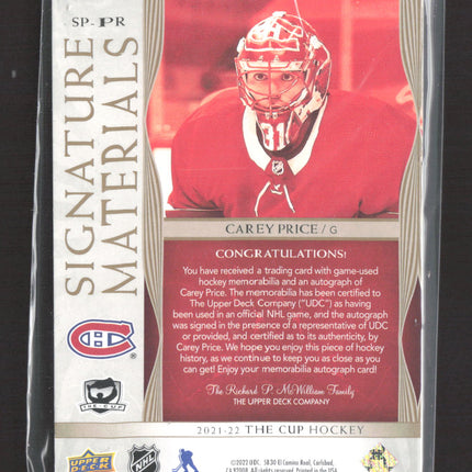 2021 Upper Deck The Cup Signature Materials Carey Price #SP-PR 41/99 Stick Auto