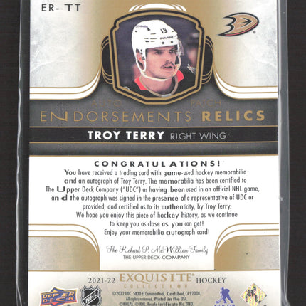 2022 Upper Deck Exquisite Troy Terry #ER-TT Endorsements Relics 27/50 Patch Auto